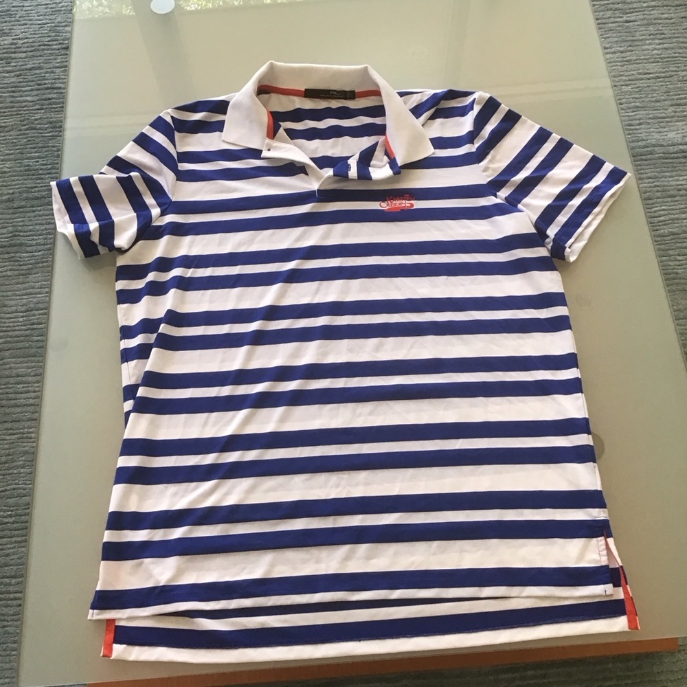 RLX Ralph Lauren Blue White Striped‎ Polo Shirt Karsten Creek Logo L Golf OSU